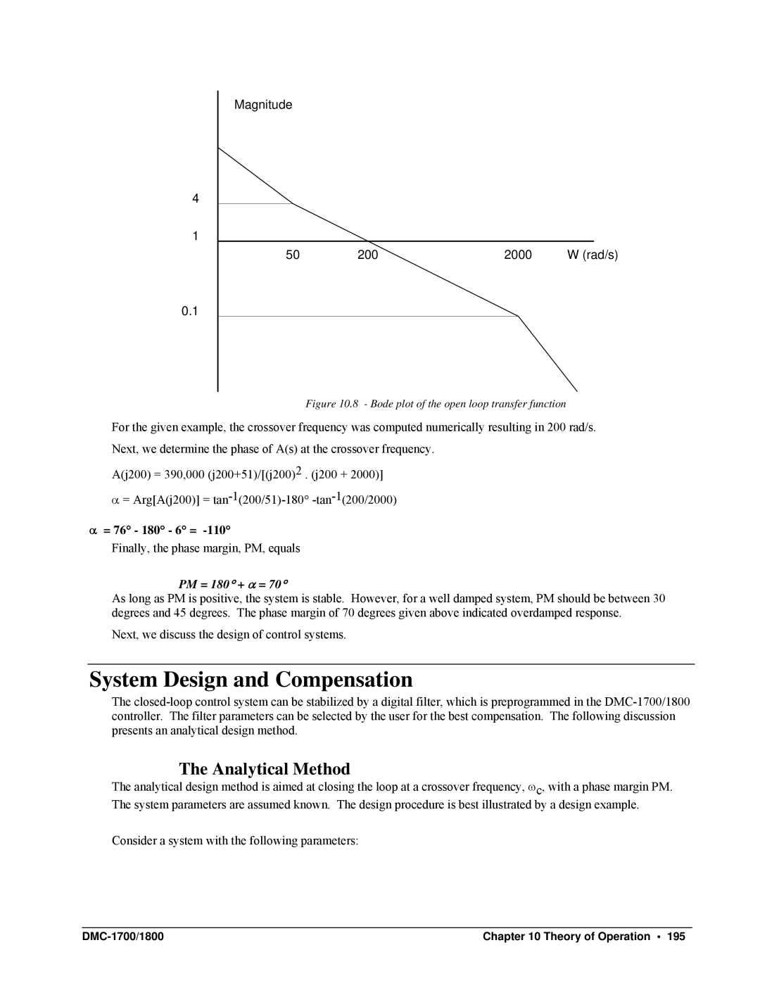 Galil DMC-1700, DMC-1800 user manual System Design and Compensation, Analytical Method, = 76 180 6 =, PM = 180 + α = 