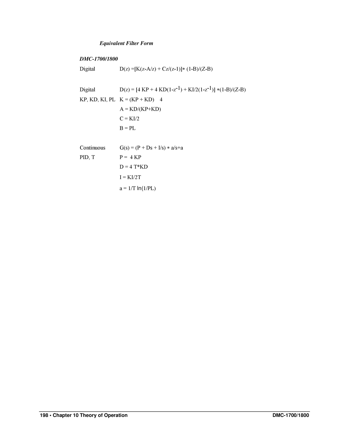 Galil DMC-1800 user manual Equivalent Filter Form DMC-1700/1800 