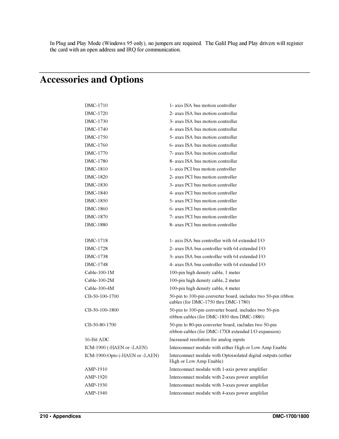 Galil DMC-1800, DMC-1700 user manual Accessories and Options 