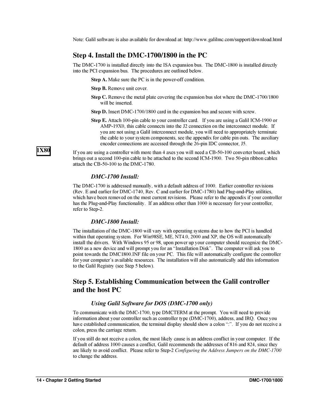 Galil user manual Install the DMC-1700/1800 in the PC, DMC-1700 Install, DMC-1800 Install 