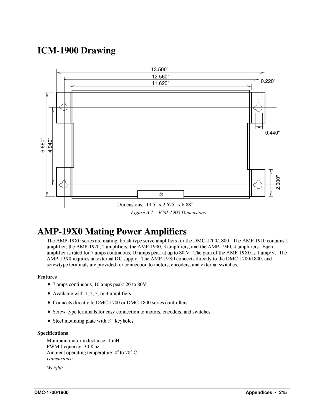 Galil DMC-1700, DMC-1800 user manual ICM-1900 Drawing, AMP-19X0 Mating Power Amplifiers, Features, Specifications 