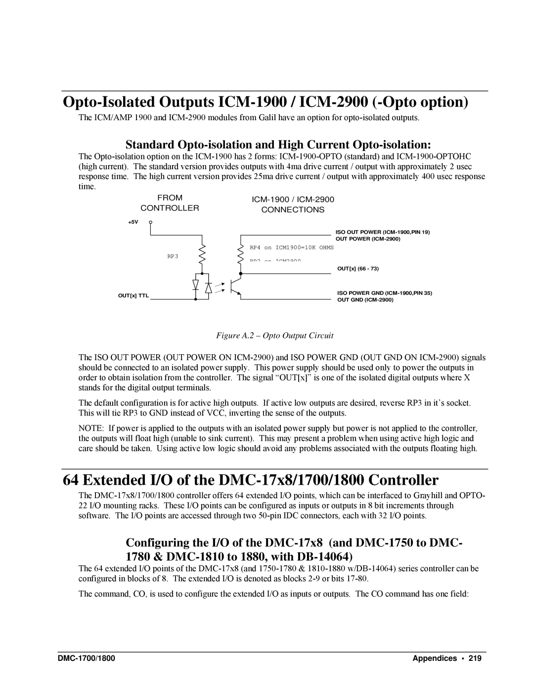 Galil DMC-1700 Opto-Isolated Outputs ICM-1900 / ICM-2900 -Opto option, Extended I/O of the DMC-17x8/1700/1800 Controller 