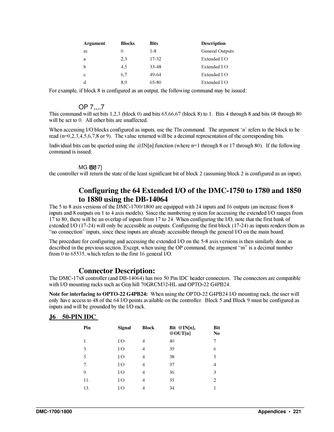 Galil DMC-1700, DMC-1800 user manual Connector Description, OP 7,,,,7, MG @IN17 