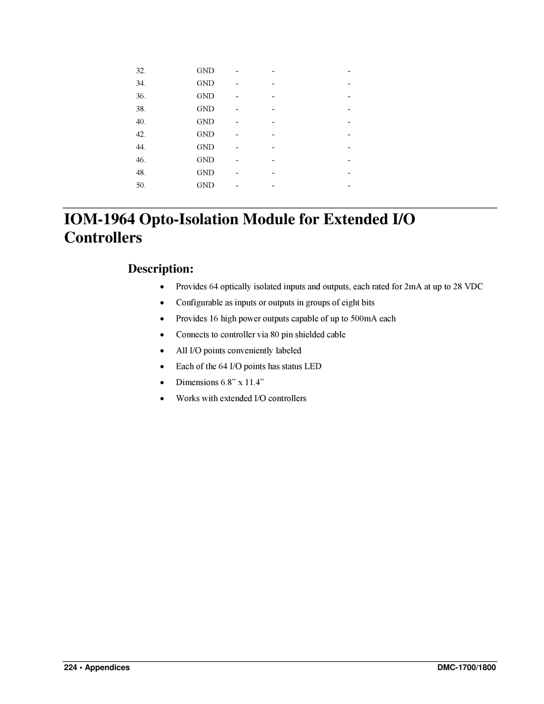 Galil DMC-1800, DMC-1700 user manual IOM-1964 Opto-Isolation Module for Extended I/O Controllers, Description 