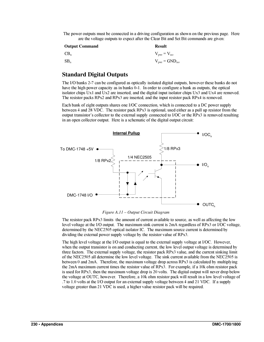 Galil DMC-1800, DMC-1700 user manual Standard Digital Outputs, Output Command Result, Internal Pullup 