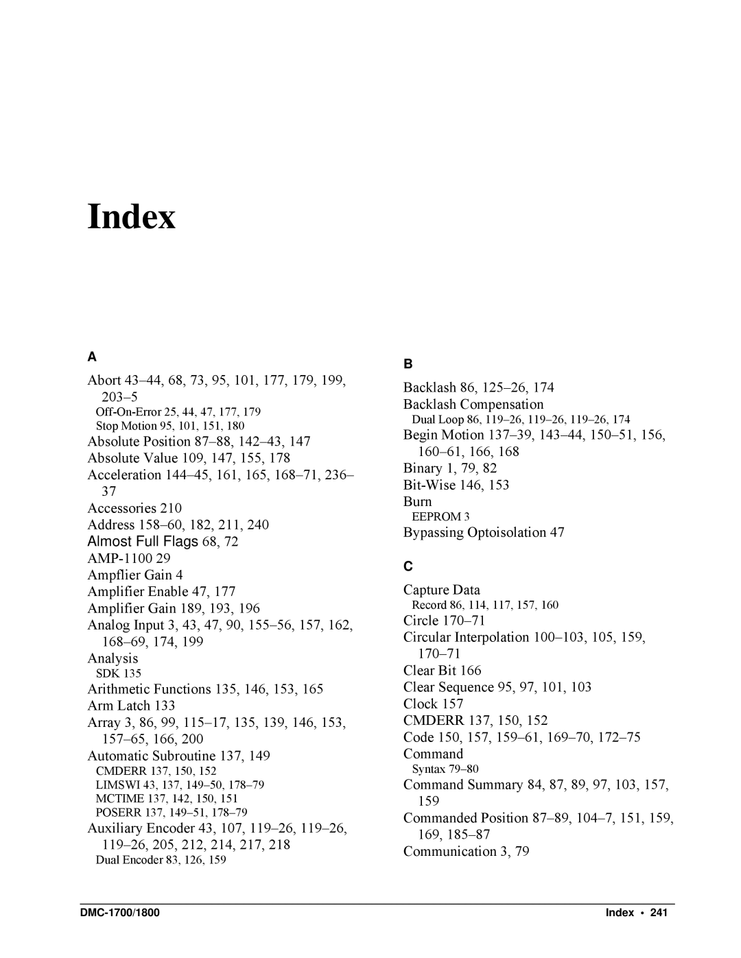 Galil DMC-1800 user manual DMC-1700/1800 Index 