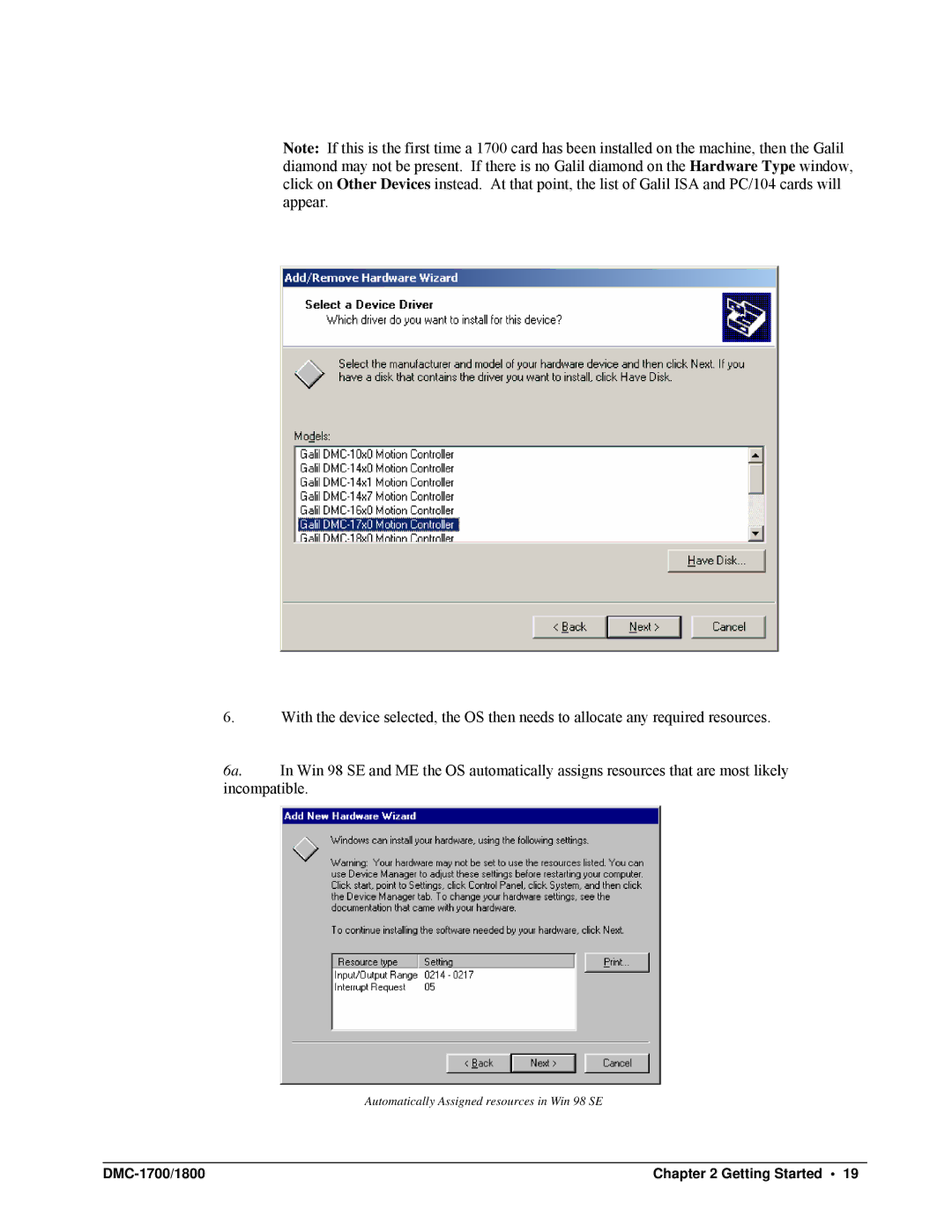 Galil DMC-1700, DMC-1800 user manual Automatically Assigned resources in Win 98 SE 