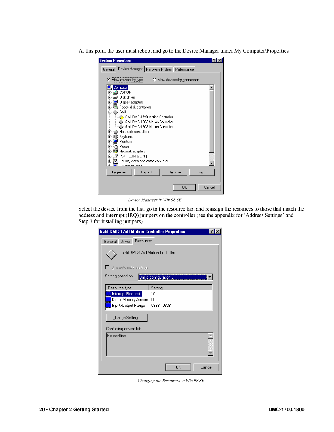 Galil DMC-1800, DMC-1700 user manual Device Manager in Win 98 SE 