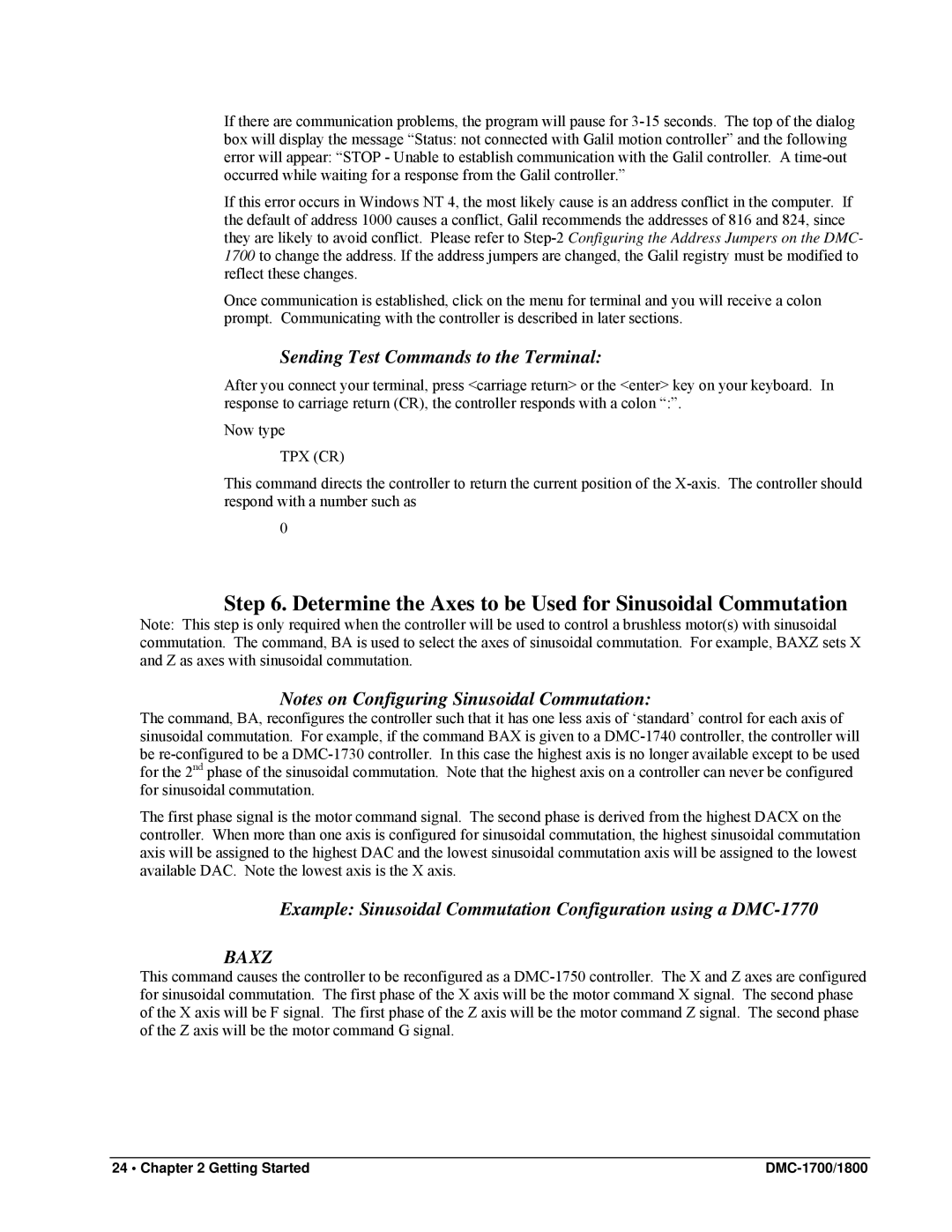 Galil DMC-1800, DMC-1700 Determine the Axes to be Used for Sinusoidal Commutation, Sending Test Commands to the Terminal 