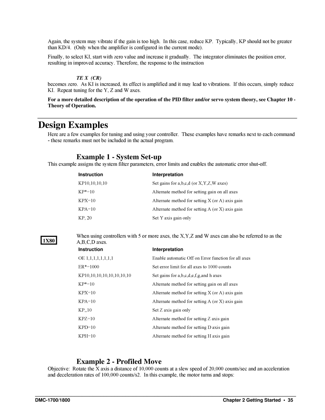 Galil DMC-1700, DMC-1800 Design Examples, Example 1 System Set-up, Example 2 Profiled Move, Instruction Interpretation 