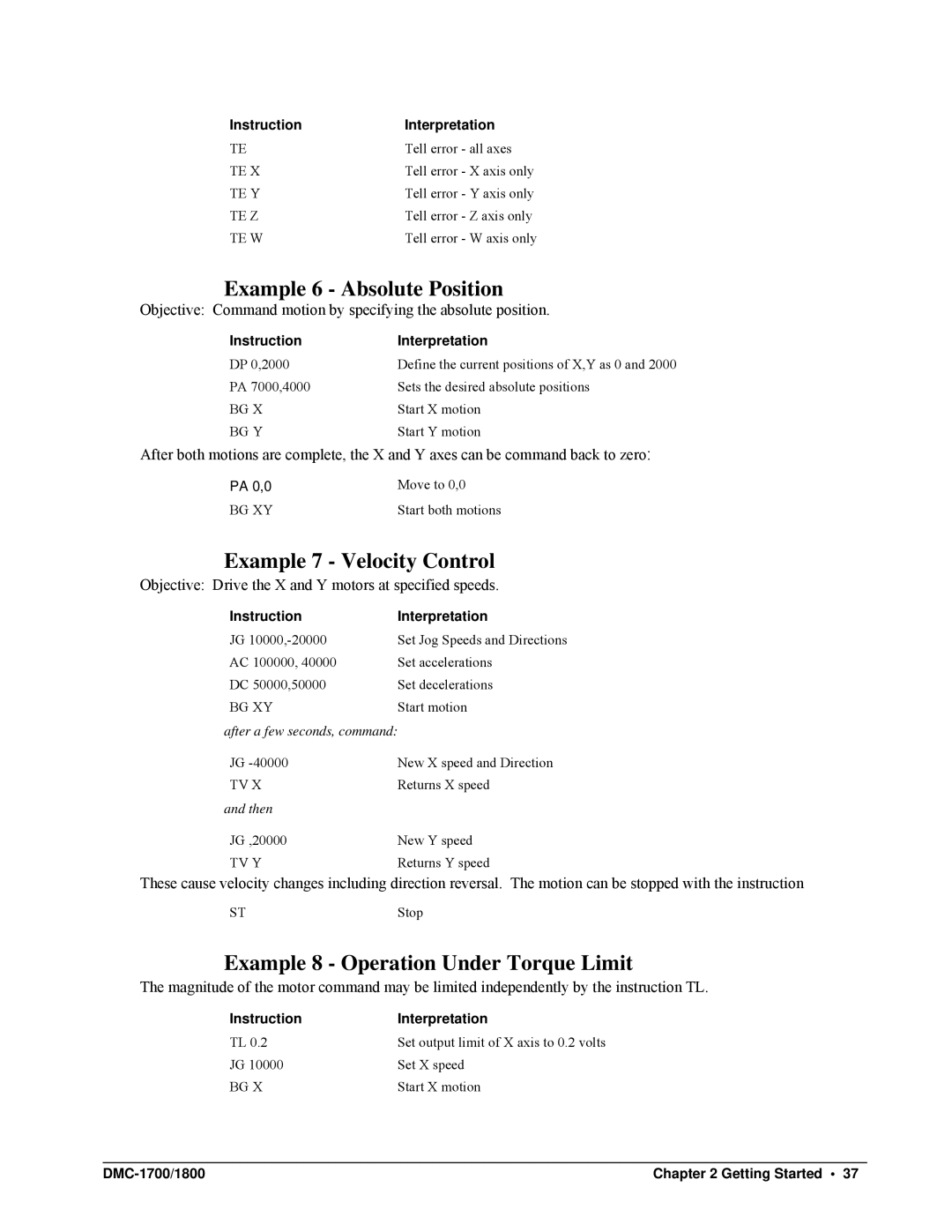 Galil DMC-1700, DMC-1800 Example 6 Absolute Position, Example 7 Velocity Control, Example 8 Operation Under Torque Limit 