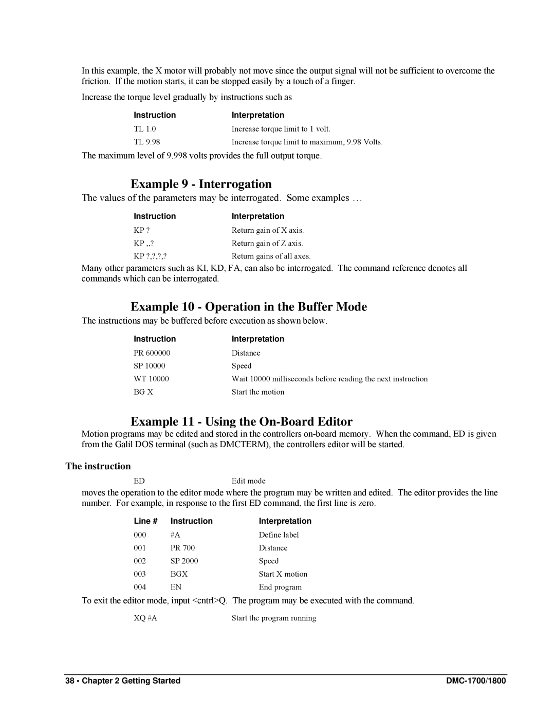 Galil DMC-1800 Example 9 Interrogation, Example 10 Operation in the Buffer Mode, Example 11 Using the On-Board Editor 