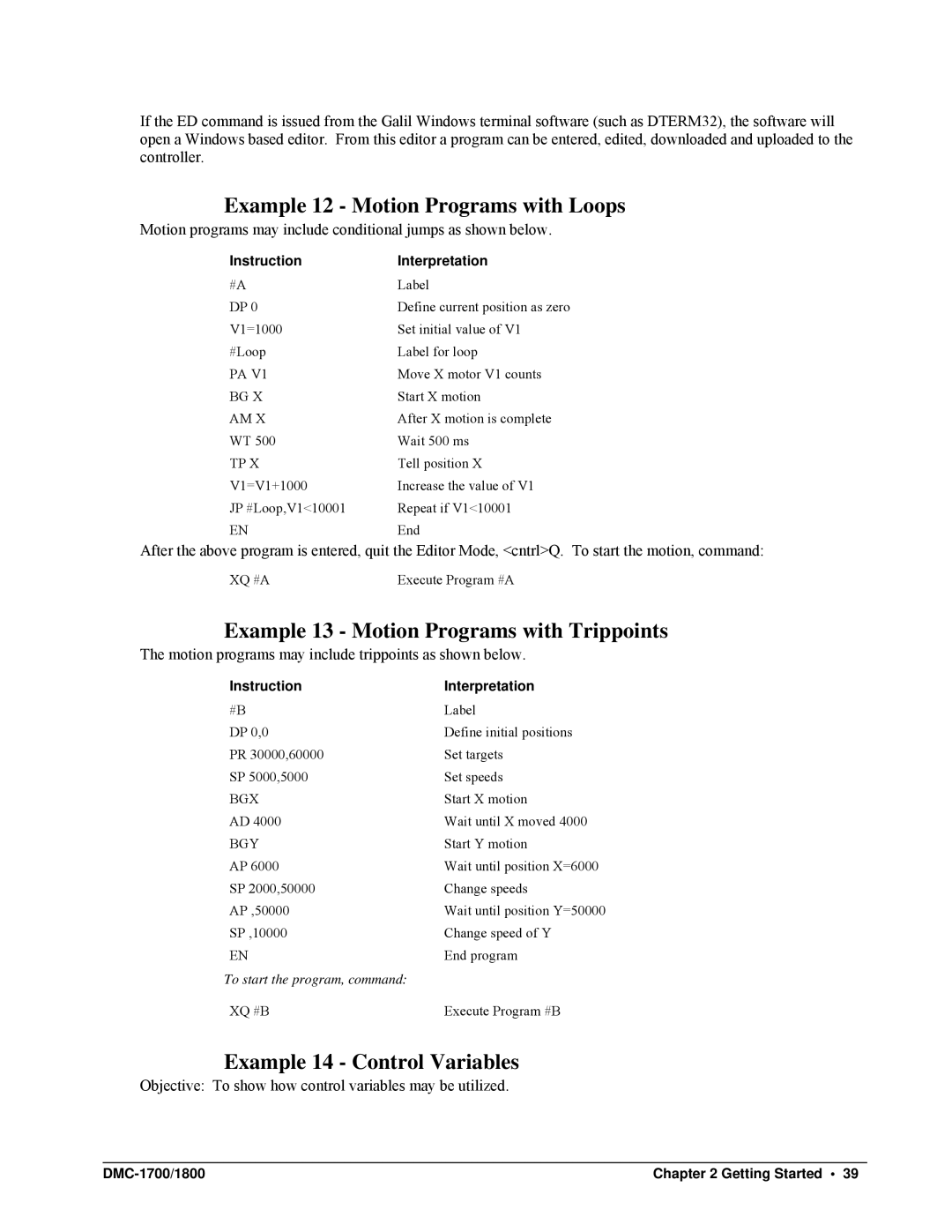 Galil DMC-1700, DMC-1800 Example 12 Motion Programs with Loops, Example 13 Motion Programs with Trippoints, Bgy, Xq #B 