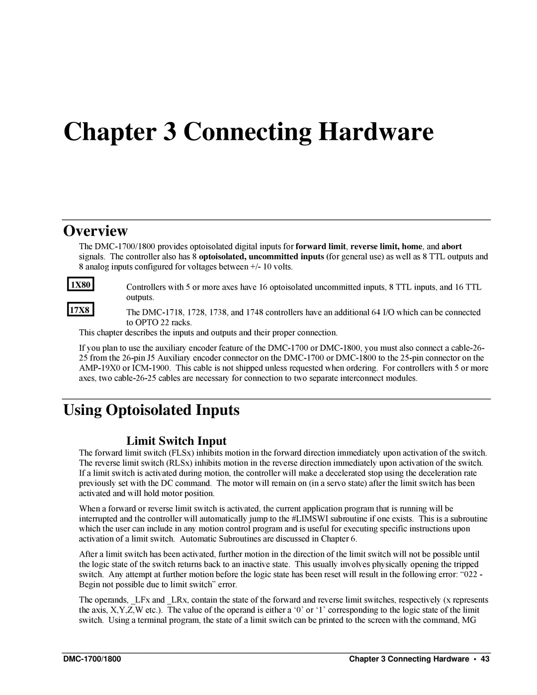 Galil DMC-1800 user manual Overview, Using Optoisolated Inputs, Limit Switch Input, DMC-1700/1800 Connecting Hardware 