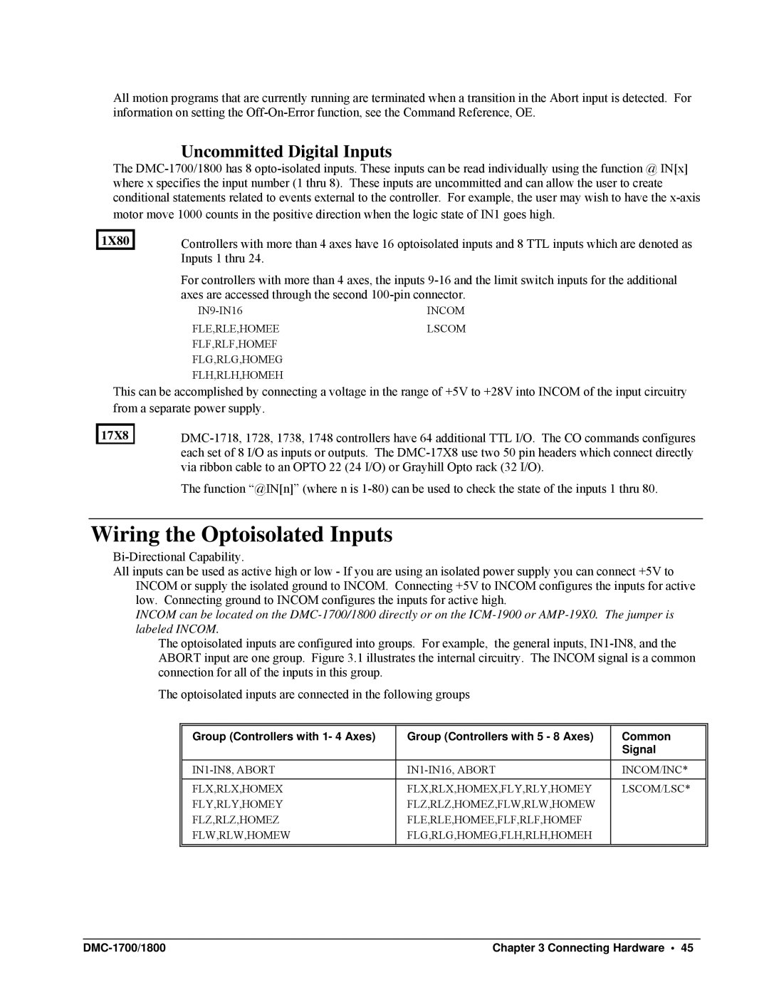 Galil DMC-1700, DMC-1800 user manual Wiring the Optoisolated Inputs, Uncommitted Digital Inputs 