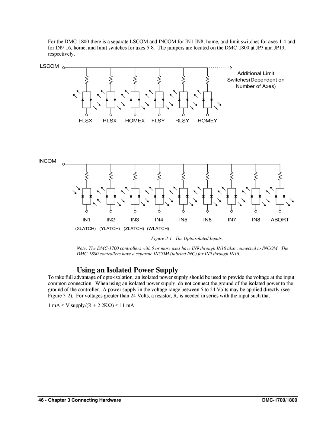 Galil DMC-1800, DMC-1700 user manual Using an Isolated Power Supply, Optoisolated Inputs 