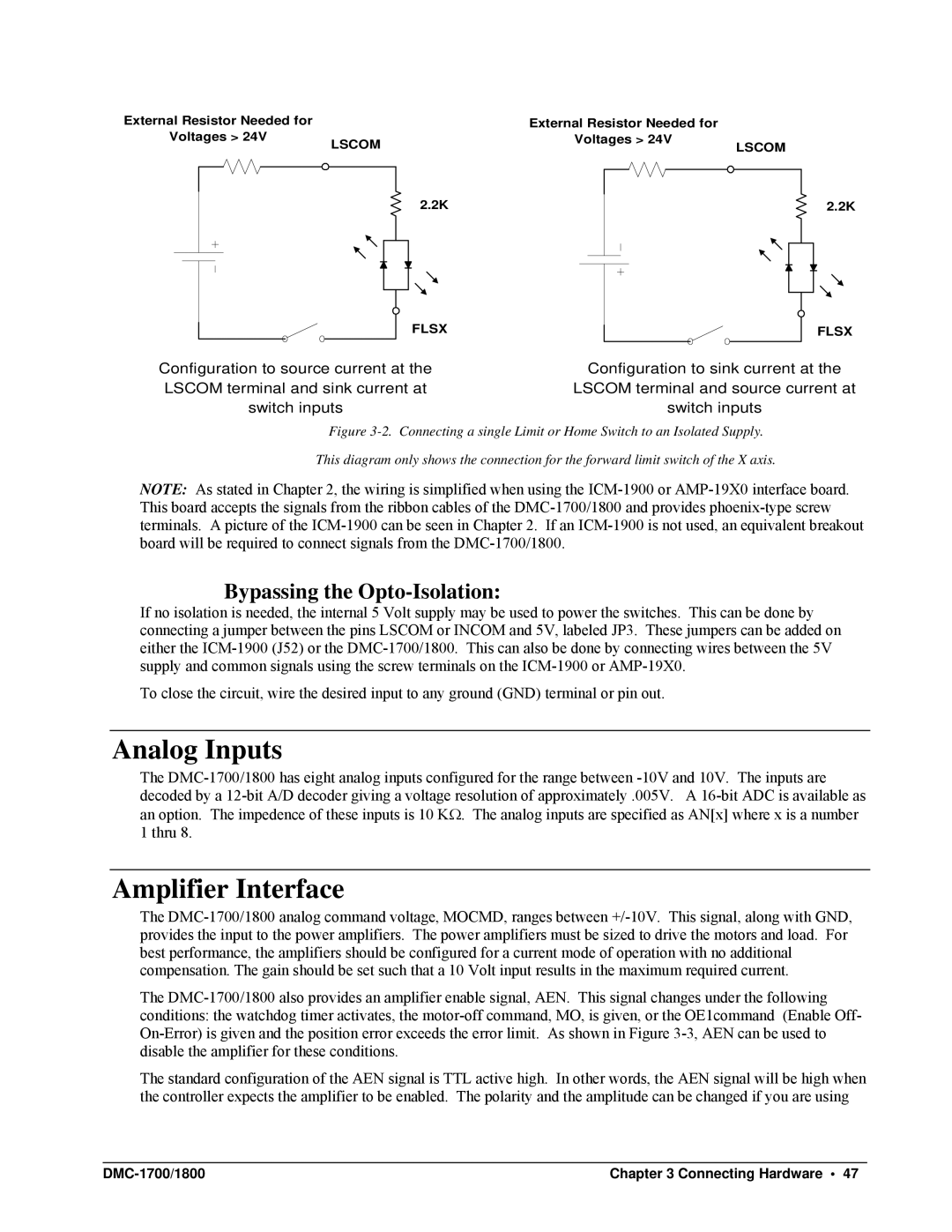 Galil DMC-1700, DMC-1800 user manual Analog Inputs, Amplifier Interface, Bypassing the Opto-Isolation 