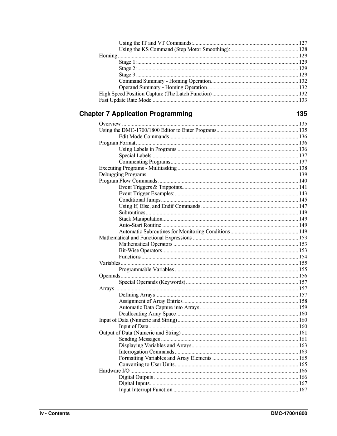 Galil DMC-1800, DMC-1700 user manual Application Programming 135, Iv Contents 