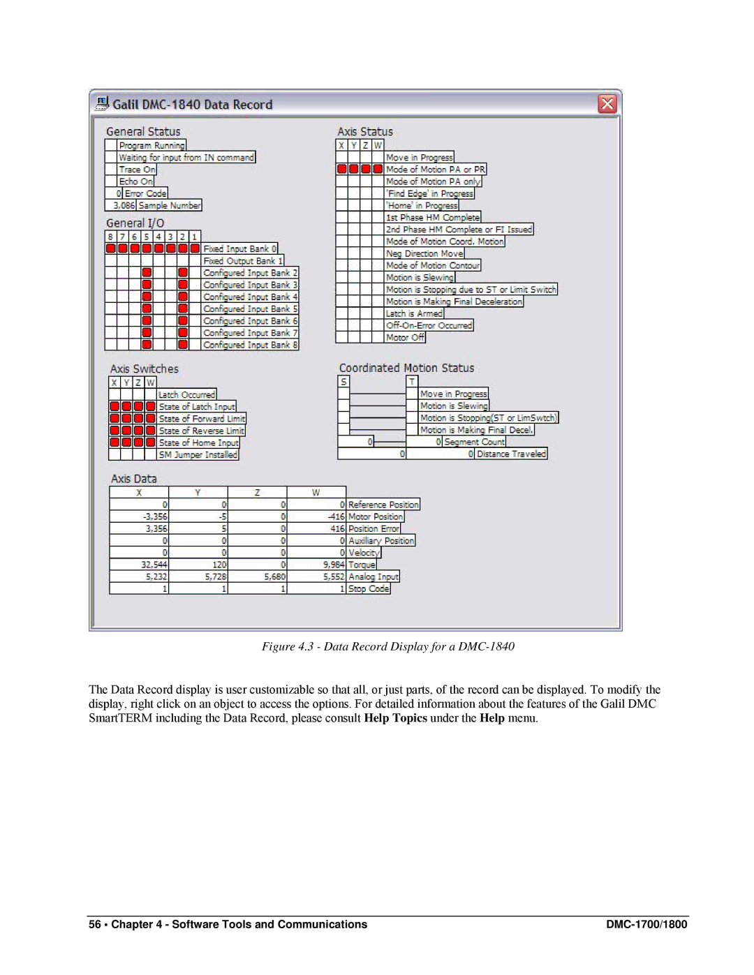 Galil DMC-1800, DMC-1700 user manual Data Record Display for a DMC-1840 