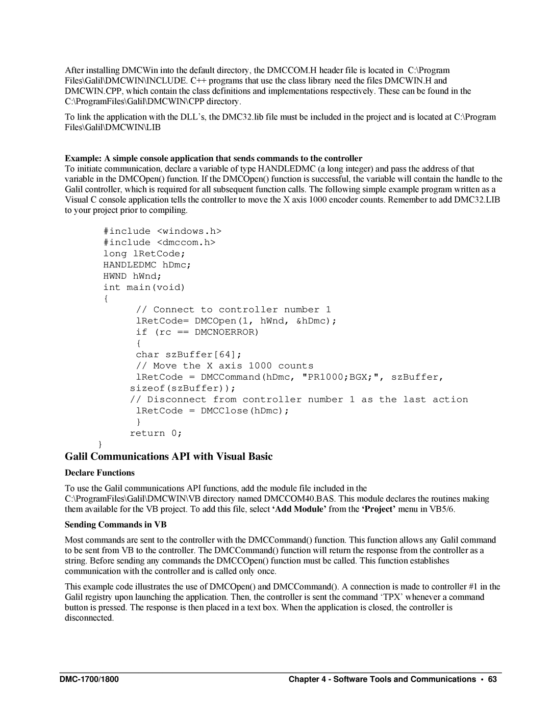 Galil DMC-1700, DMC-1800 user manual Declare Functions, Sending Commands in VB 