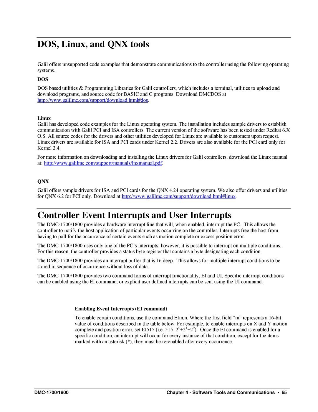 Galil DMC-1700, DMC-1800 user manual DOS, Linux, and QNX tools, Controller Event Interrupts and User Interrupts 