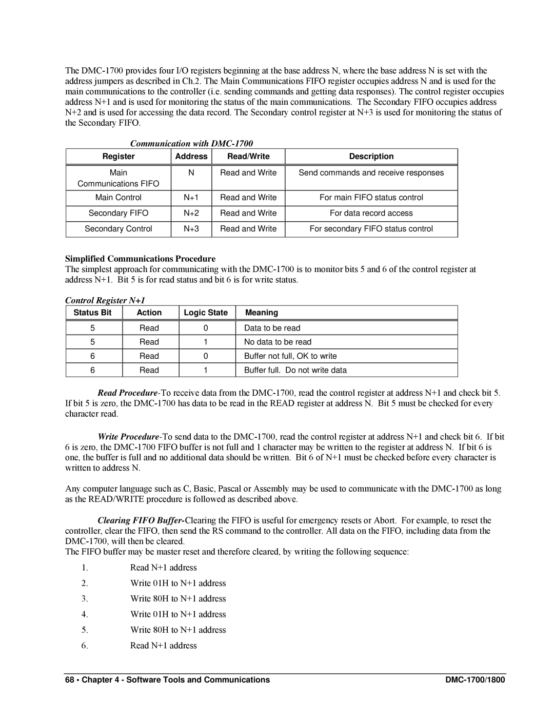 Galil DMC-1800 user manual Communication with DMC-1700, Simplified Communications Procedure, Control Register N+1 