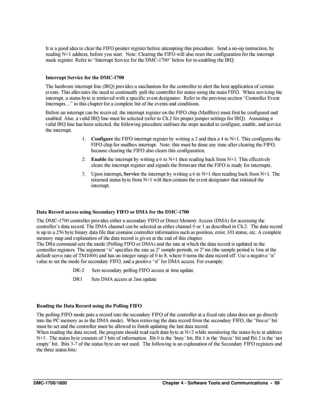 Galil DMC-1800 user manual Interrupt Service for the DMC-1700, Reading the Data Record using the Polling Fifo 