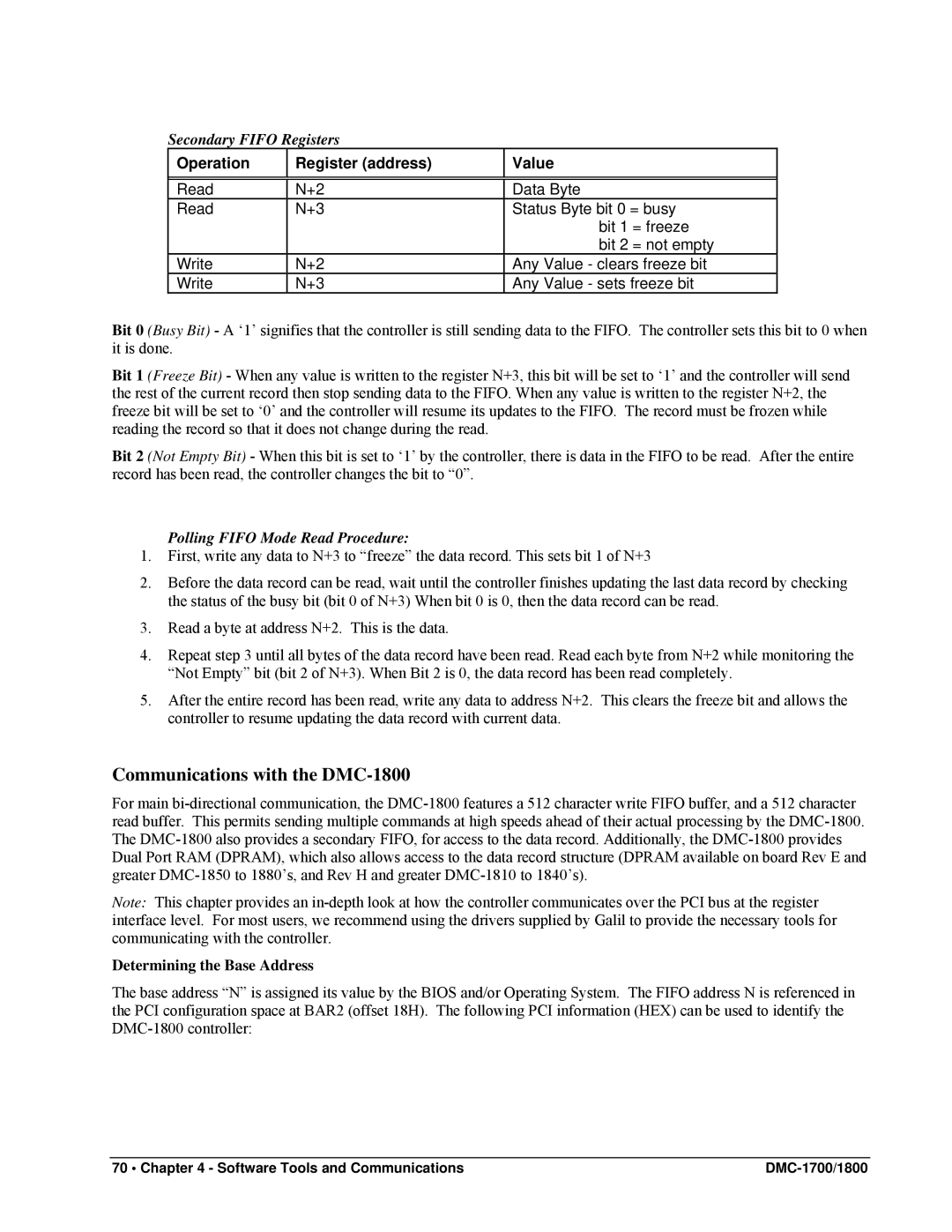 Galil DMC-1800, DMC-1700 Secondary Fifo Registers, Polling Fifo Mode Read Procedure, Determining the Base Address 