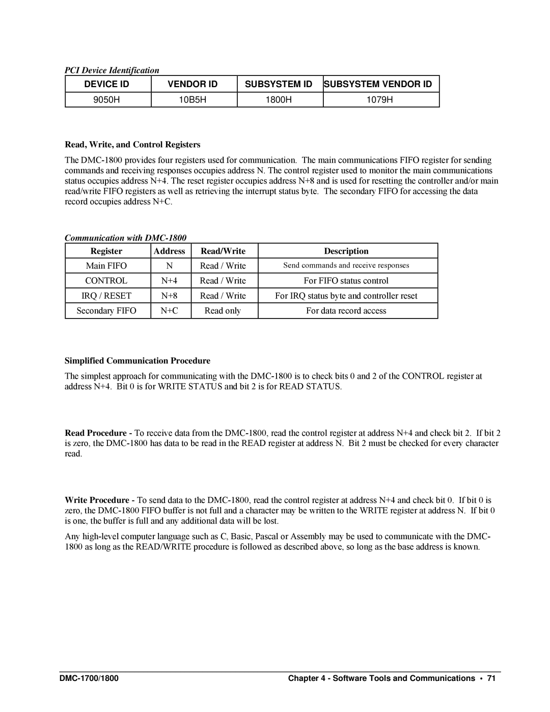 Galil DMC-1700 user manual PCI Device Identification, Read, Write, and Control Registers, Communication with DMC-1800 