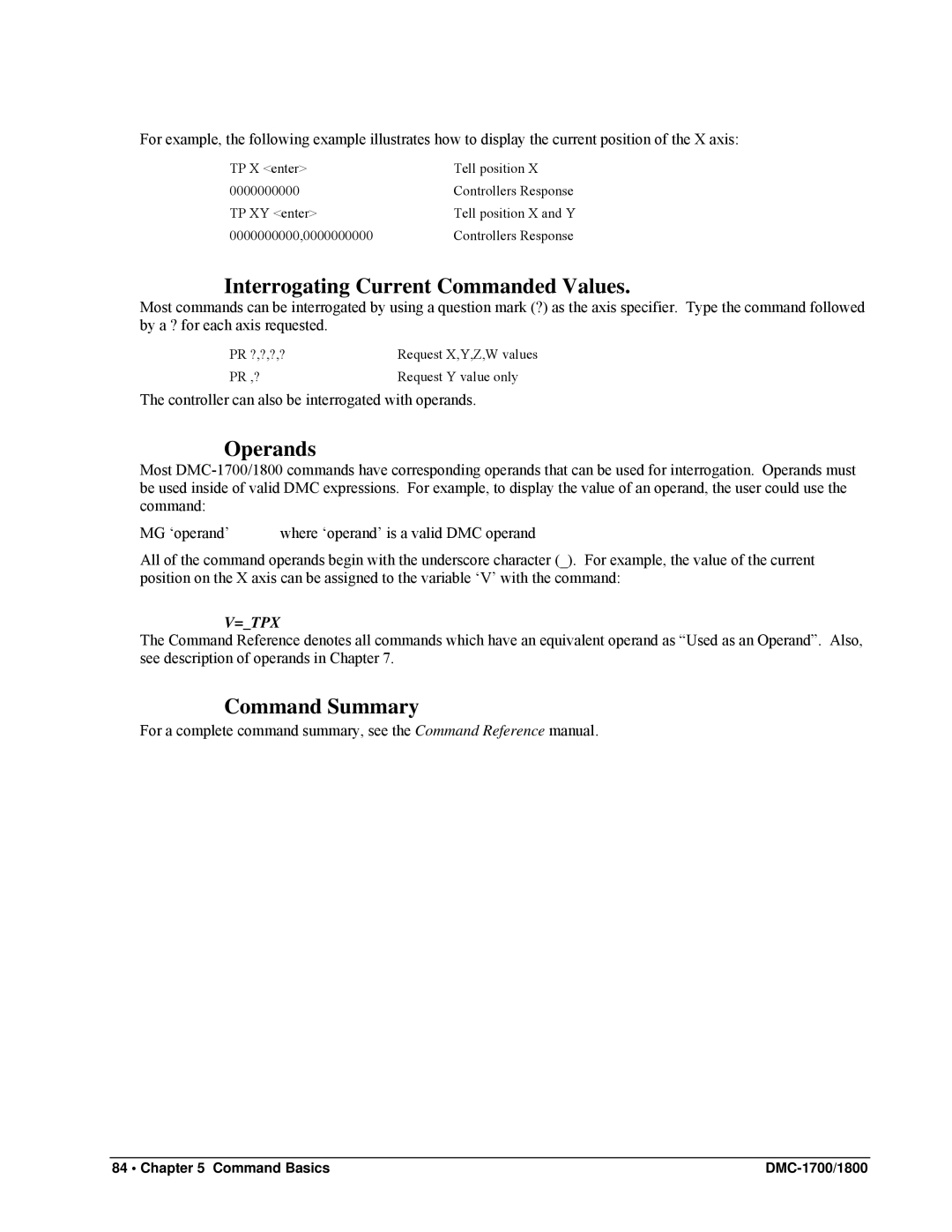 Galil DMC-1800, DMC-1700 user manual Interrogating Current Commanded Values, Operands, Command Summary 