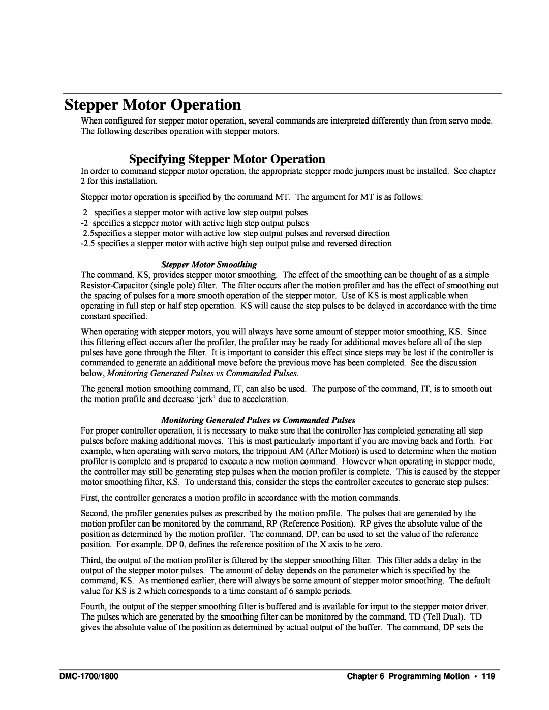 Galil DMC-1700, DMC-1800 user manual Specifying Stepper Motor Operation, Stepper Motor Smoothing 