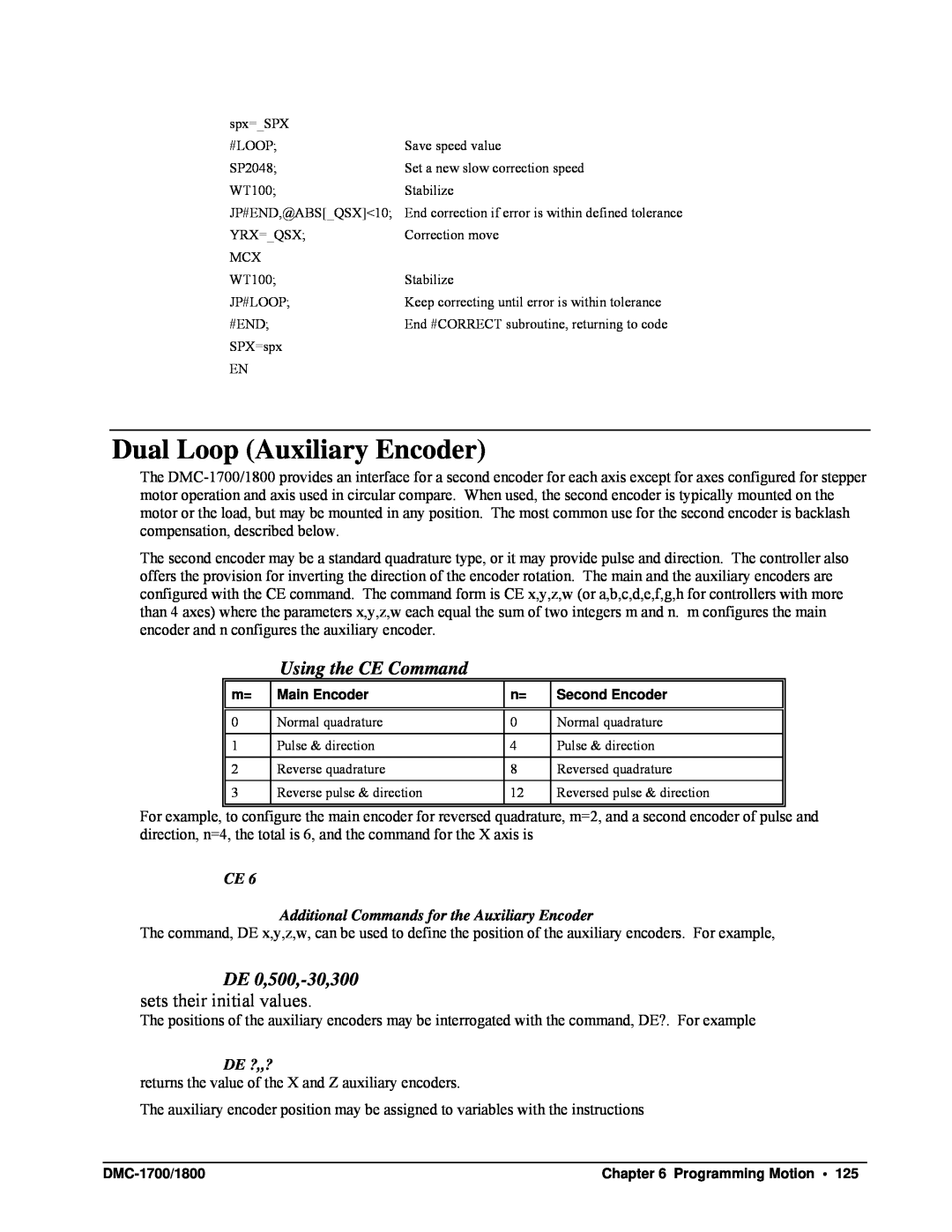 Galil DMC-1700, DMC-1800 user manual Dual Loop Auxiliary Encoder, Using the CE Command, DE 0,500,-30,300, De ?,,? 