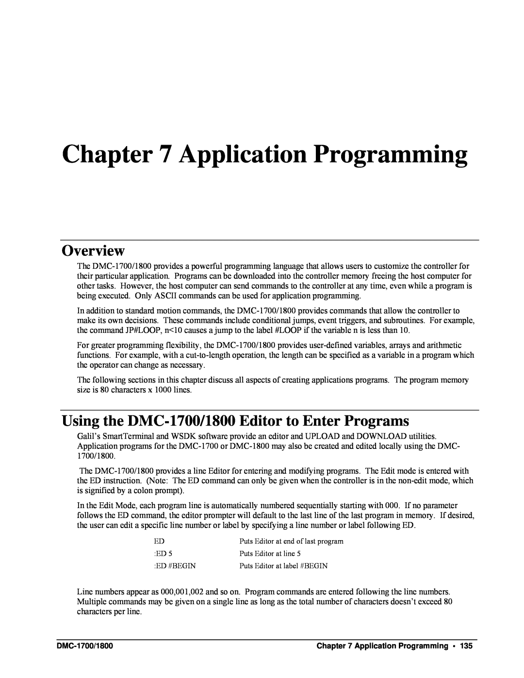 Galil DMC-1800 user manual Application Programming, Overview, Using the DMC-1700/1800Editor to Enter Programs 