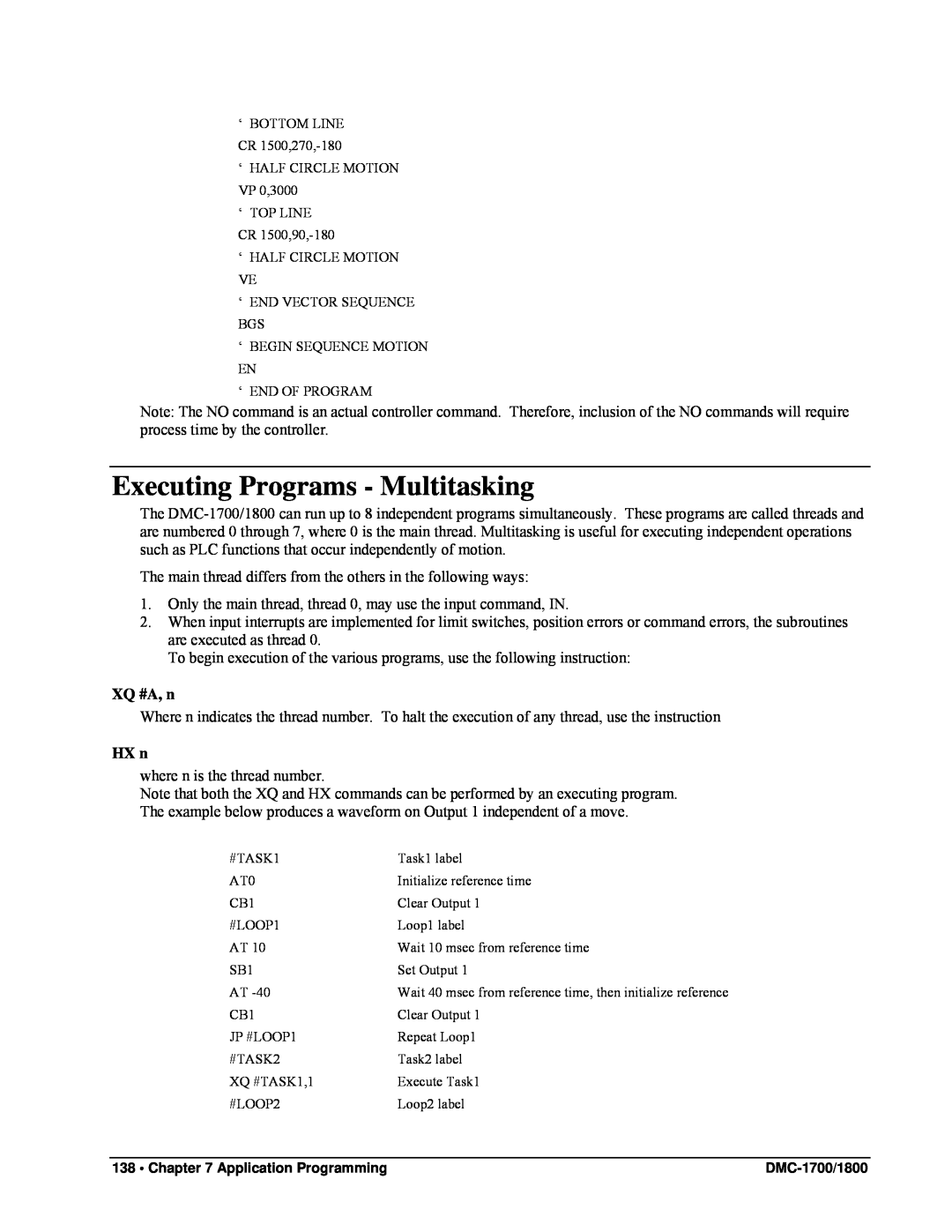 Galil DMC-1800, DMC-1700 user manual Executing Programs - Multitasking, XQ #A, n, HX n 