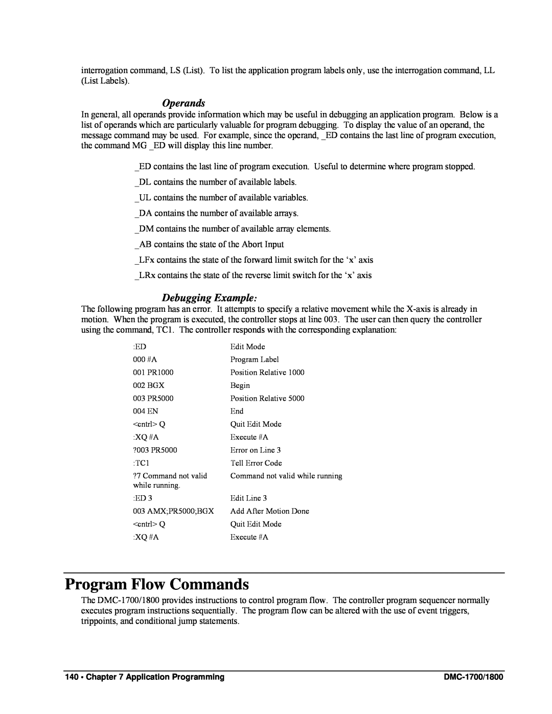Galil DMC-1800, DMC-1700 user manual Program Flow Commands, Operands, Debugging Example 