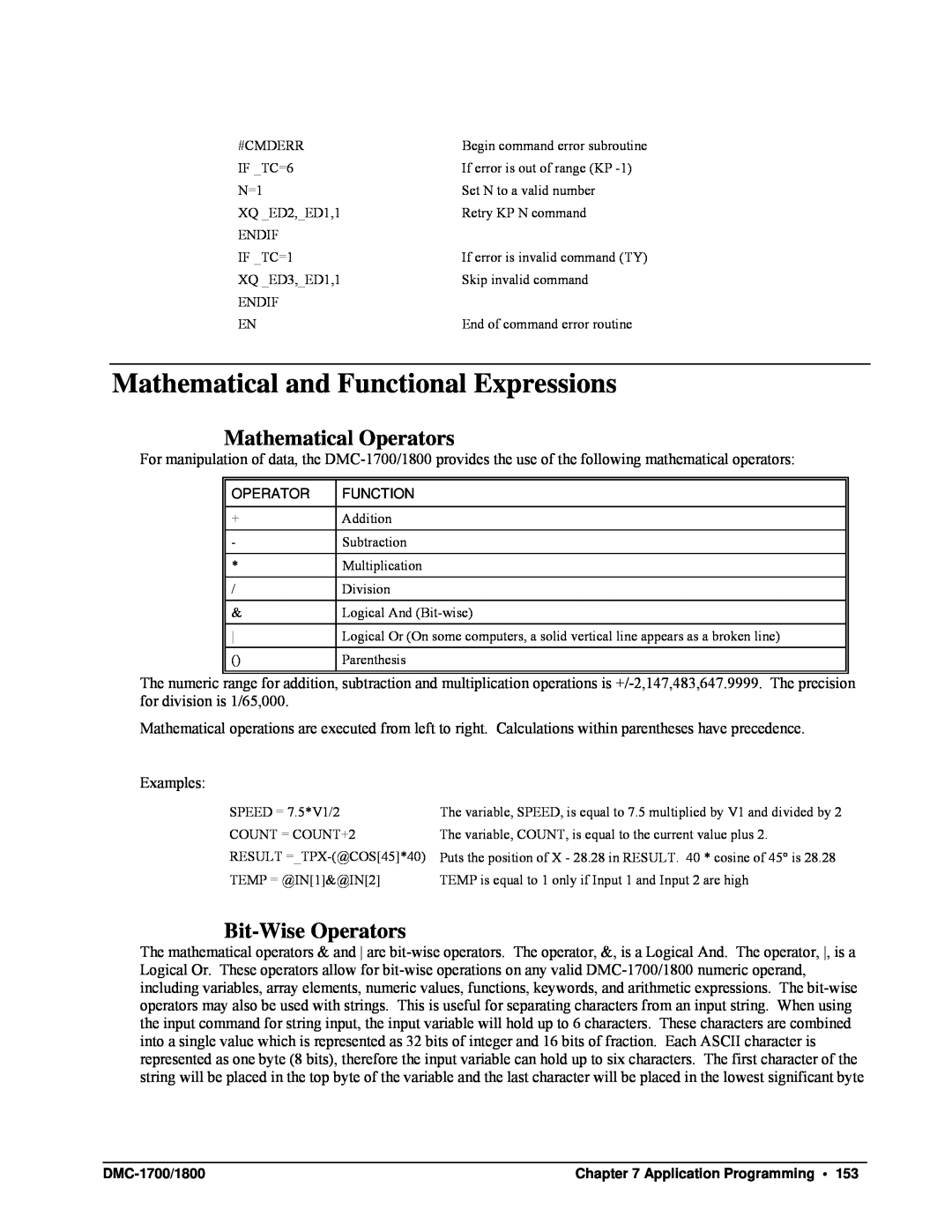 Galil DMC-1700, DMC-1800 user manual Mathematical and Functional Expressions, Mathematical Operators, Bit-WiseOperators 
