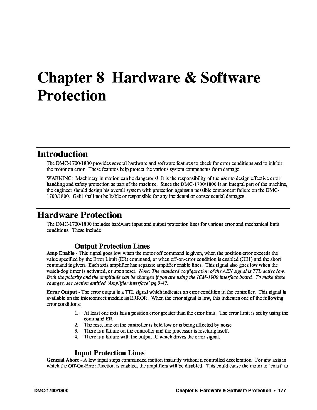 Galil DMC-1700, DMC-1800 Hardware & Software Protection, Introduction, Hardware Protection, Output Protection Lines 