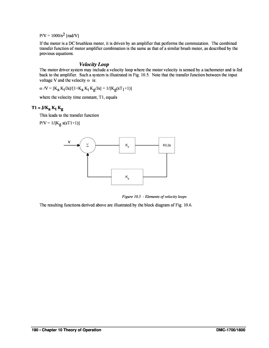 Galil DMC-1800, DMC-1700 user manual Velocity Loop, T1 = J/Ka Kt Kg 