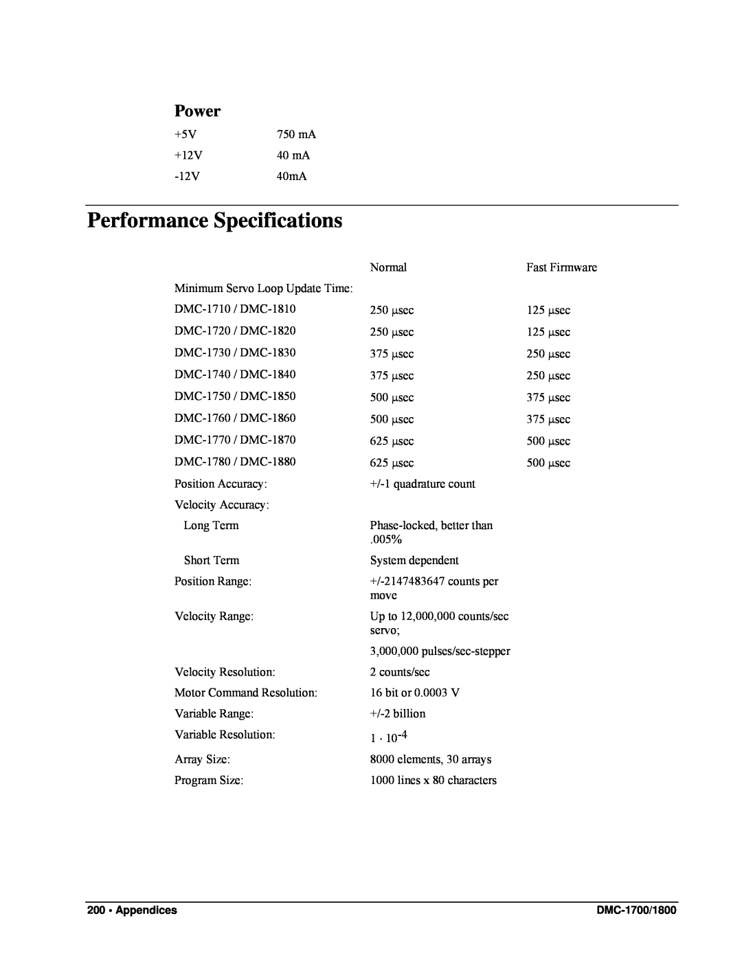 Galil DMC-1800, DMC-1700 user manual Performance Specifications, Power 