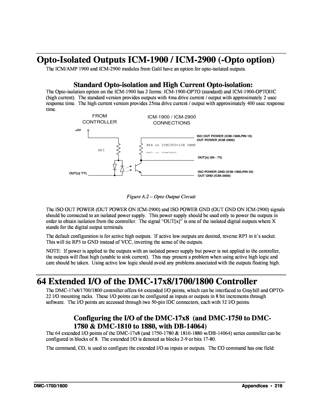 Galil DMC-1700, DMC-1800 user manual Figure A.2 – Opto Output Circuit, From Controller, ICM-1900 / ICM-2900 CONNECTIONS 