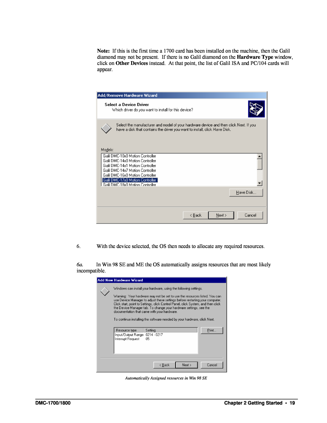 Galil DMC-1700, DMC-1800 user manual Automatically Assigned resources in Win 98 SE 