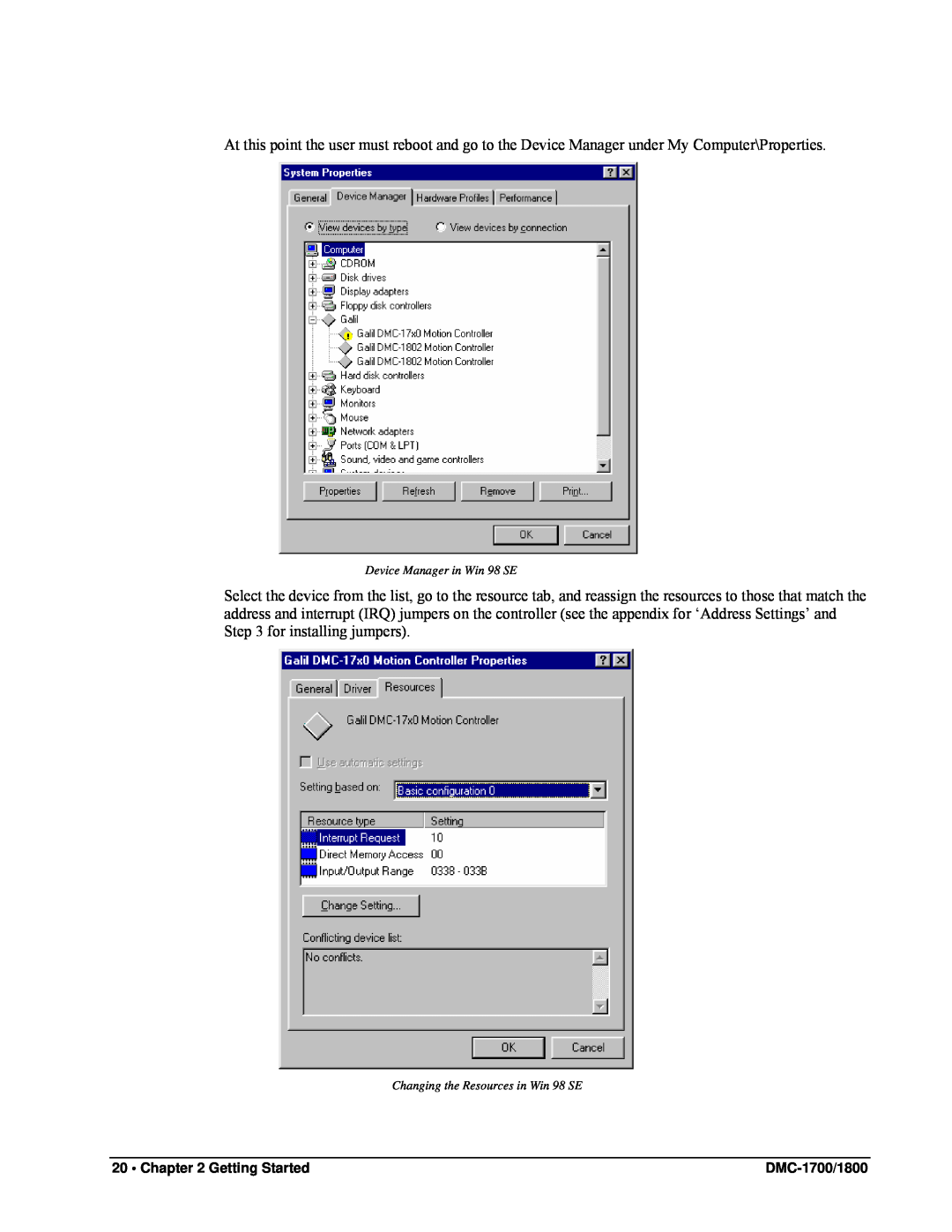 Galil DMC-1800, DMC-1700 user manual Getting Started, Device Manager in Win 98 SE, Changing the Resources in Win 98 SE 
