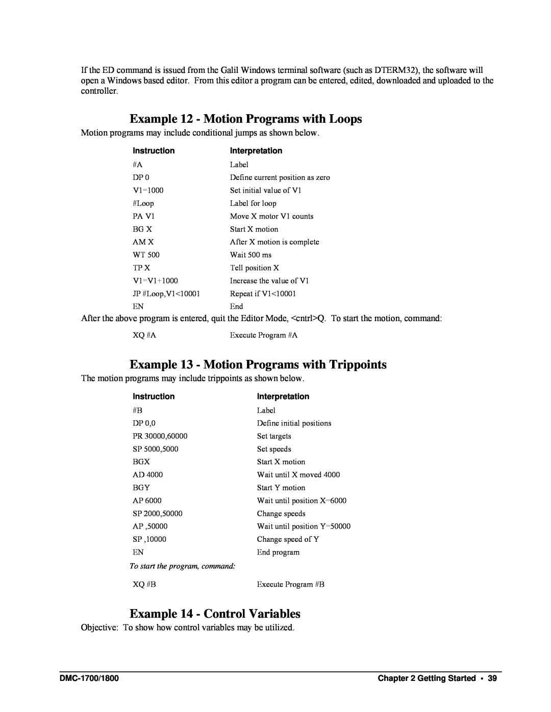 Galil DMC-1700, DMC-1800 user manual Example 12 - Motion Programs with Loops, Example 13 - Motion Programs with Trippoints 