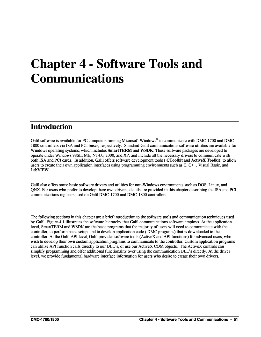 Galil DMC-1800 user manual DMC-1700/1800, Software Tools and Communications • 