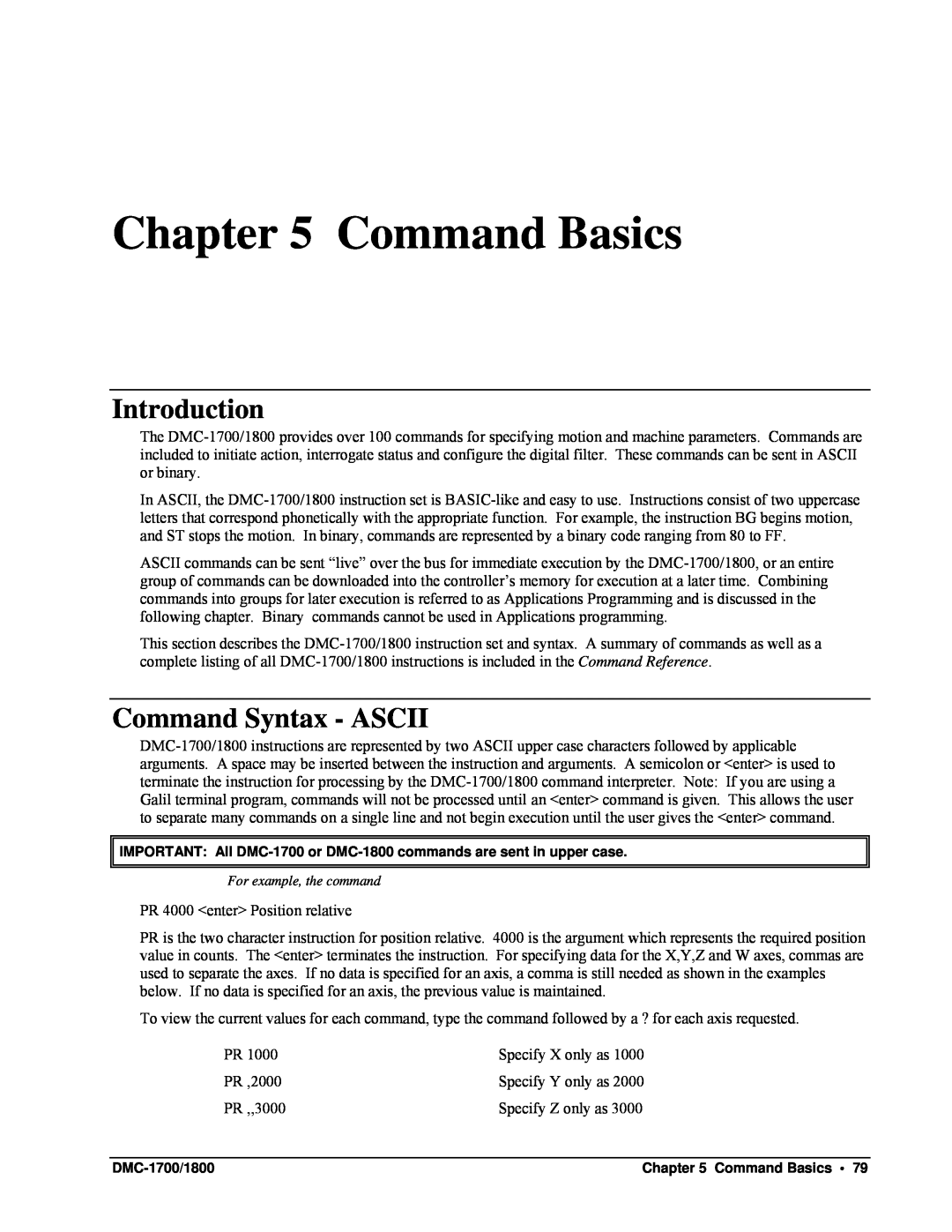 Galil DMC-1700, DMC-1800 user manual Command Basics, Introduction, Command Syntax - ASCII 