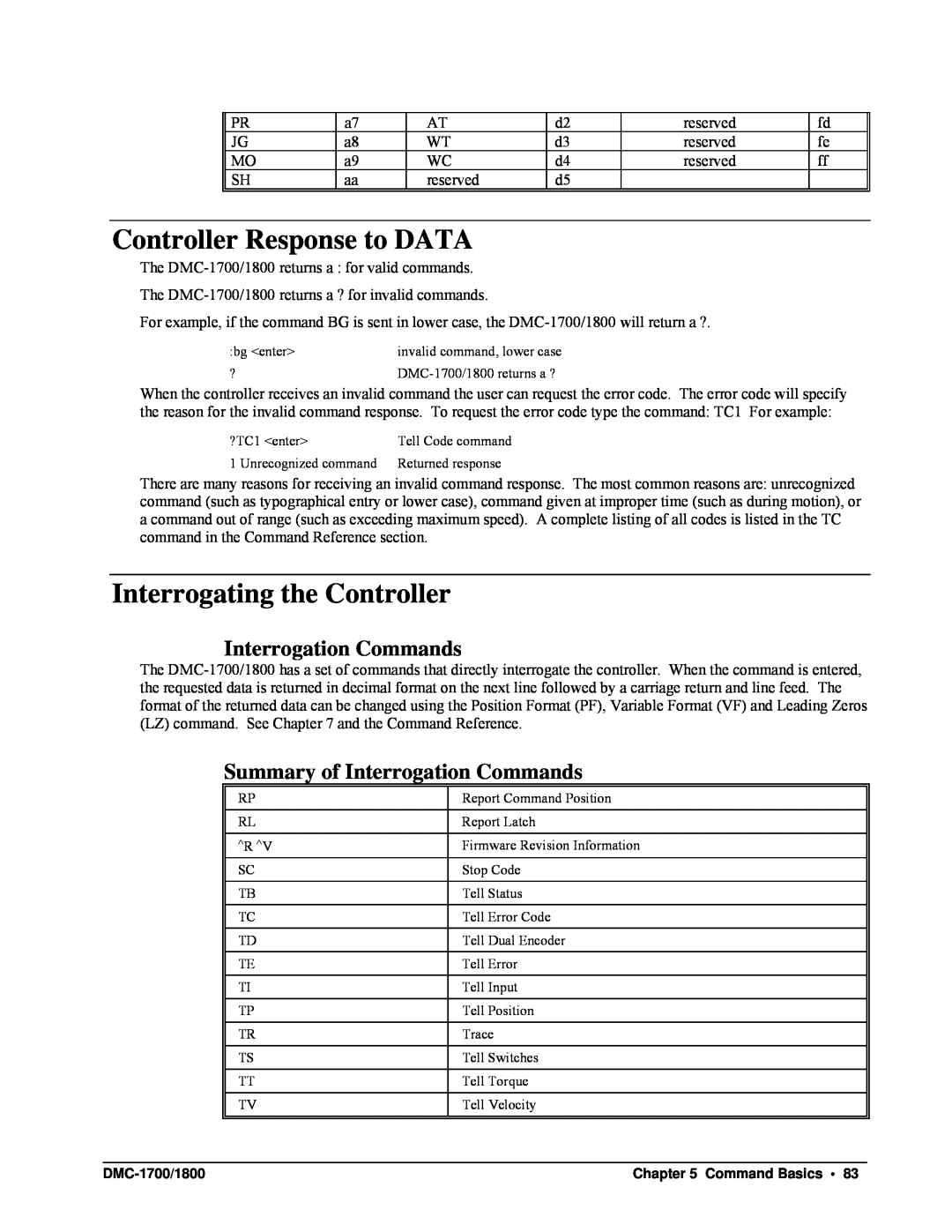 Galil DMC-1700, DMC-1800 user manual Controller Response to DATA, Interrogating the Controller, Interrogation Commands 