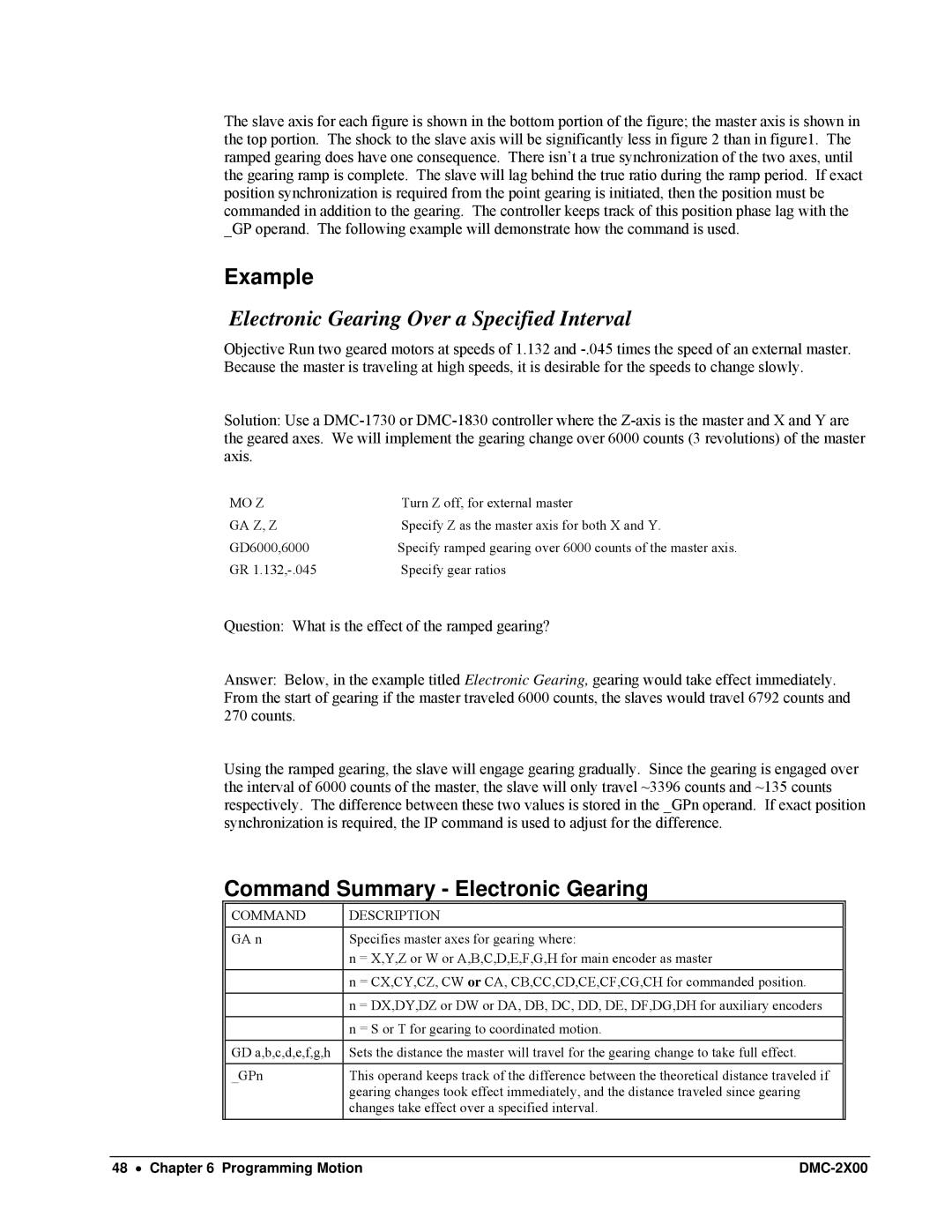 Galil DMC-2X00 user manual Electronic Gearing Over a Specified Interval, Command Summary Electronic Gearing, Mo Z, Ga Z, Z 