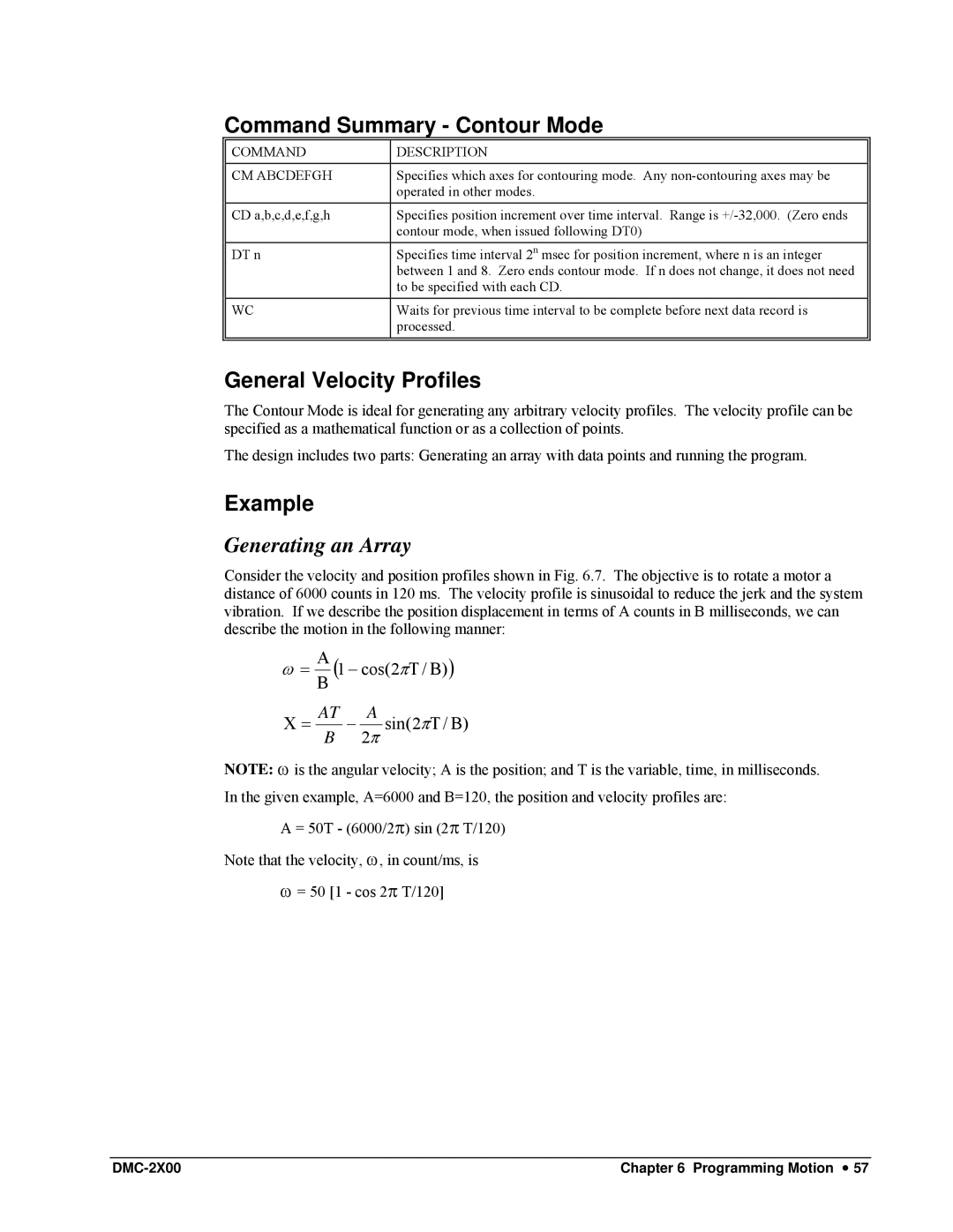 Galil DMC-2X00 user manual Command Summary Contour Mode, General Velocity Profiles, Generating an Array 