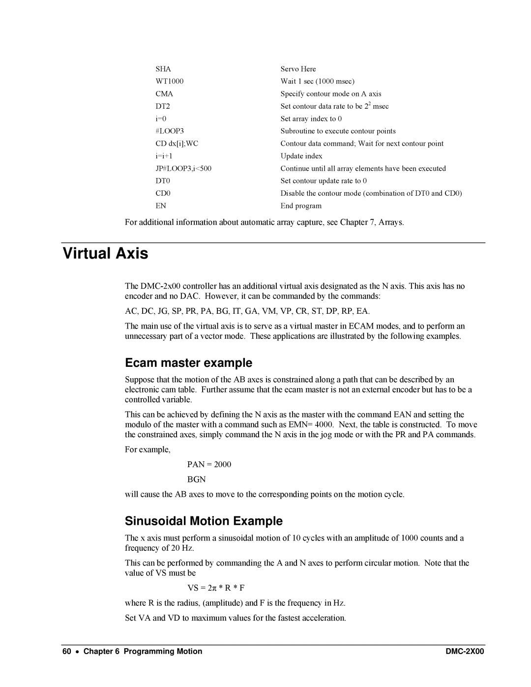 Galil DMC-2X00 user manual Virtual Axis, Ecam master example, Sinusoidal Motion Example 