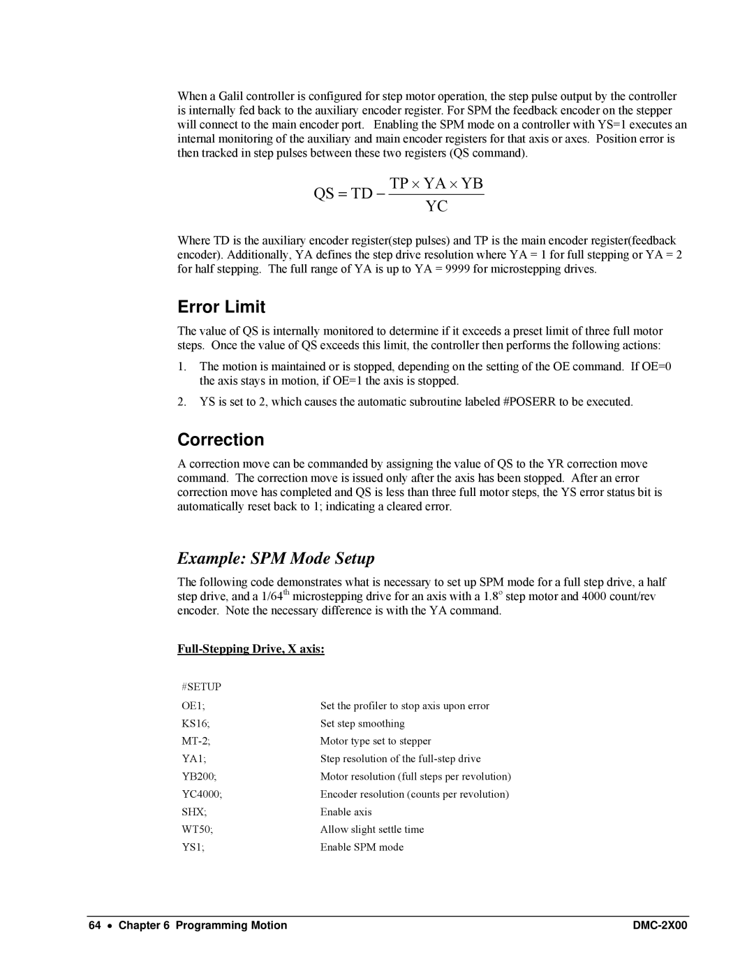 Galil DMC-2X00 user manual Error Limit, Correction, Example SPM Mode Setup, Shx 